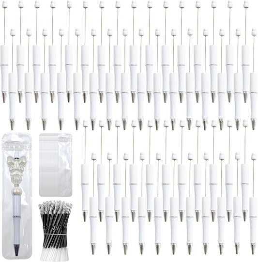 150 Pieces DIY Beadable Pen Kit – 50 Plastic Ballpoint Pens with Refills & Bags – School Supplies, Office Accessories & Decorative Items for Students & Teachers （White）