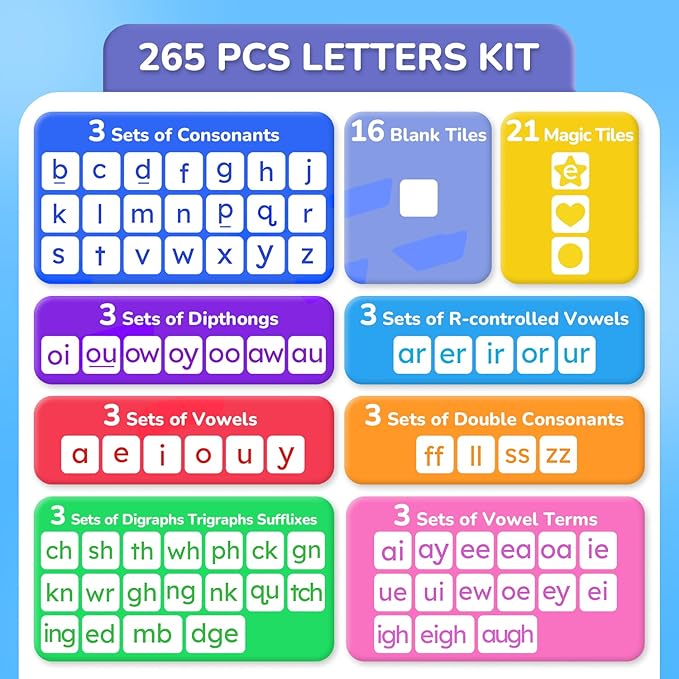 JoyCat 265 Phonics Magnetic Letter Tiles with 3 Word Folder - Hooked on Phonics Set Storage Case, Letter Sound Alphabet Letters, Preschool Pre k Classroom Materials