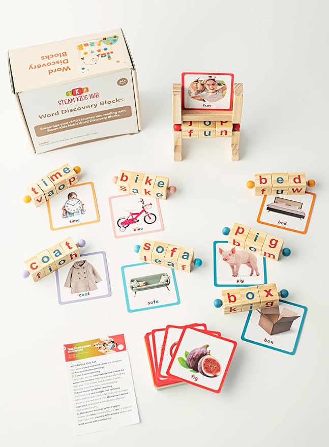 Montessori Reading Blocks & Flash Cards Set – Learn to Read CVC Word Games for Toddlers 2-4 – Short Vowel Spinning Rods, Phonics Toys, Reading Montessori Toys for 4 Year Old for Preschool & Homeschool