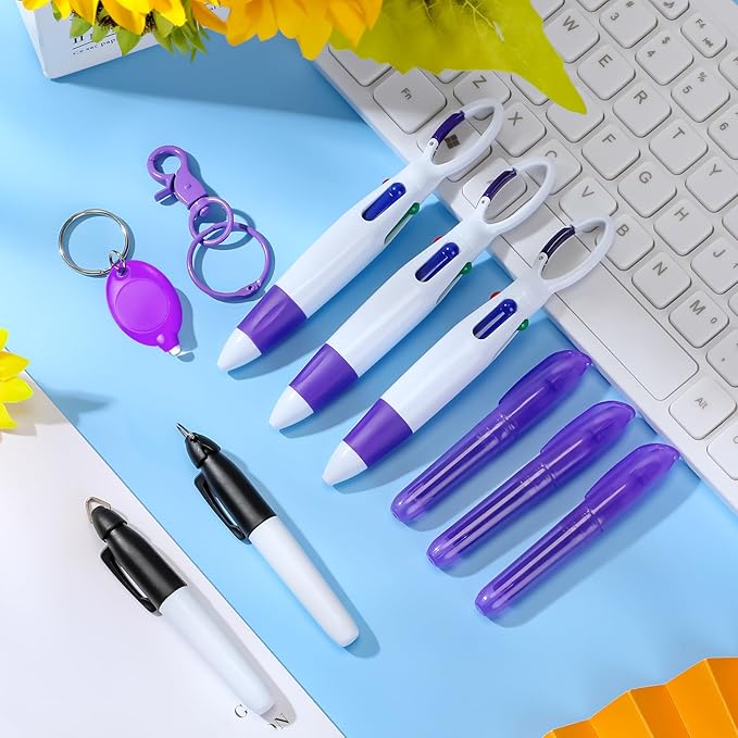 Chinco 30 Pcs Retractable Shuttle Pen Clip with Mini Highlighter Nurse Badge Pen Neon Marker LED Keychain Ring Clip