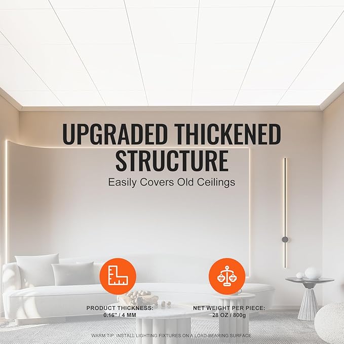 VEVOR 12-Pack 24 x 24 in Drop Ceiling Tiles - Premium PVC Foam Sheet, Fire-Rated & Flexible, Easy Installation, Home/Office Decoration, Smooth White