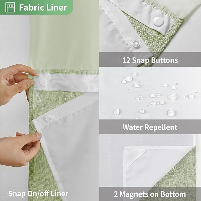 No Hook Long Shower Curtain Set with Snap-in Fabric Liner,Linen Ultra Thick Fabric with Tassels,Boho Chic Modern Farmhouse Country Neutral Cloth Shower Curtains for Bathroom,Sage Green,71x80
