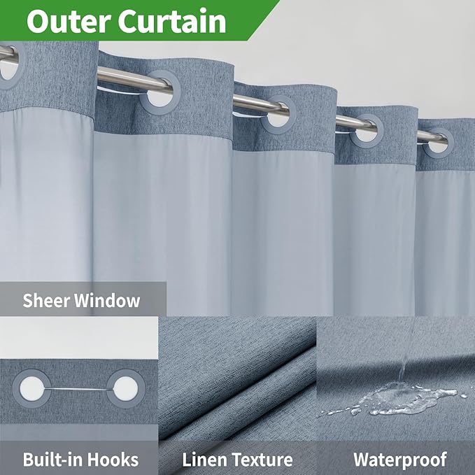No Hooks Needed Linen Textured Shower Curtain with Snap-in Fabric Liner Set,Blue Grey Hotel Luxury Decor Shower Curtains for Bathroom with Mesh Top Window,Waterproof & Washable,71Wx74H