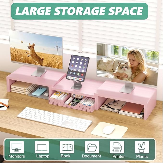 OPNICE Desk Organizers and Accessories, Dual Computer Monitor Stand Riser with Drawer, Office Decor for Women, Office Desk Accessories & Workspace Organizers, Pink