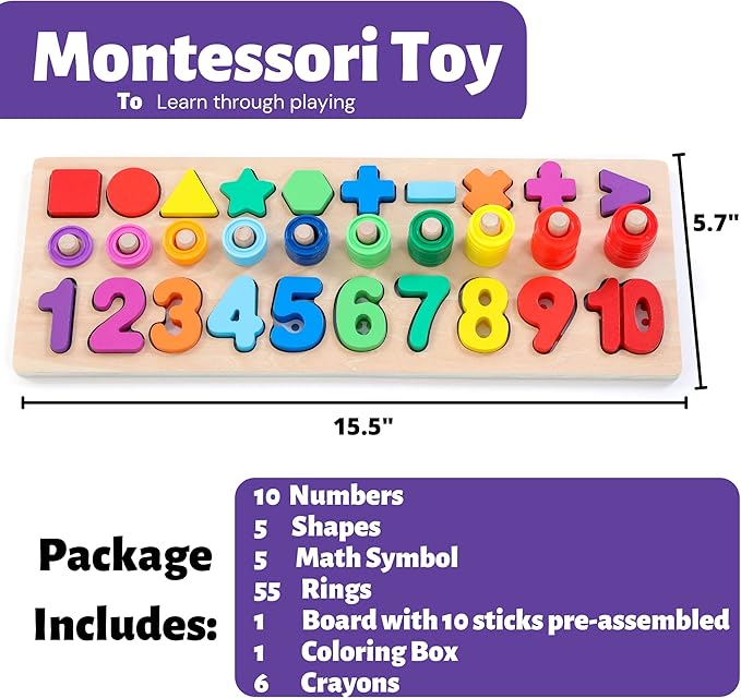 BEKILOLE Wooden Montessori Toys for Kids Toddler Number Puzzles Sorter Counting Shape Stacker Stacking Game Preschool Toys for Boy Girl Learning Education Math Blocks Year Old Girl Gifts (Rainbow)