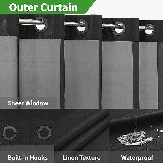 Extra Long No Hooks Needed Linen Textured Shower Curtain with Snap-in Fabric Liner Set,Black Hotel Luxury Decor Shower Curtains for Bathroom,Waterproof & Washable,71Wx86H