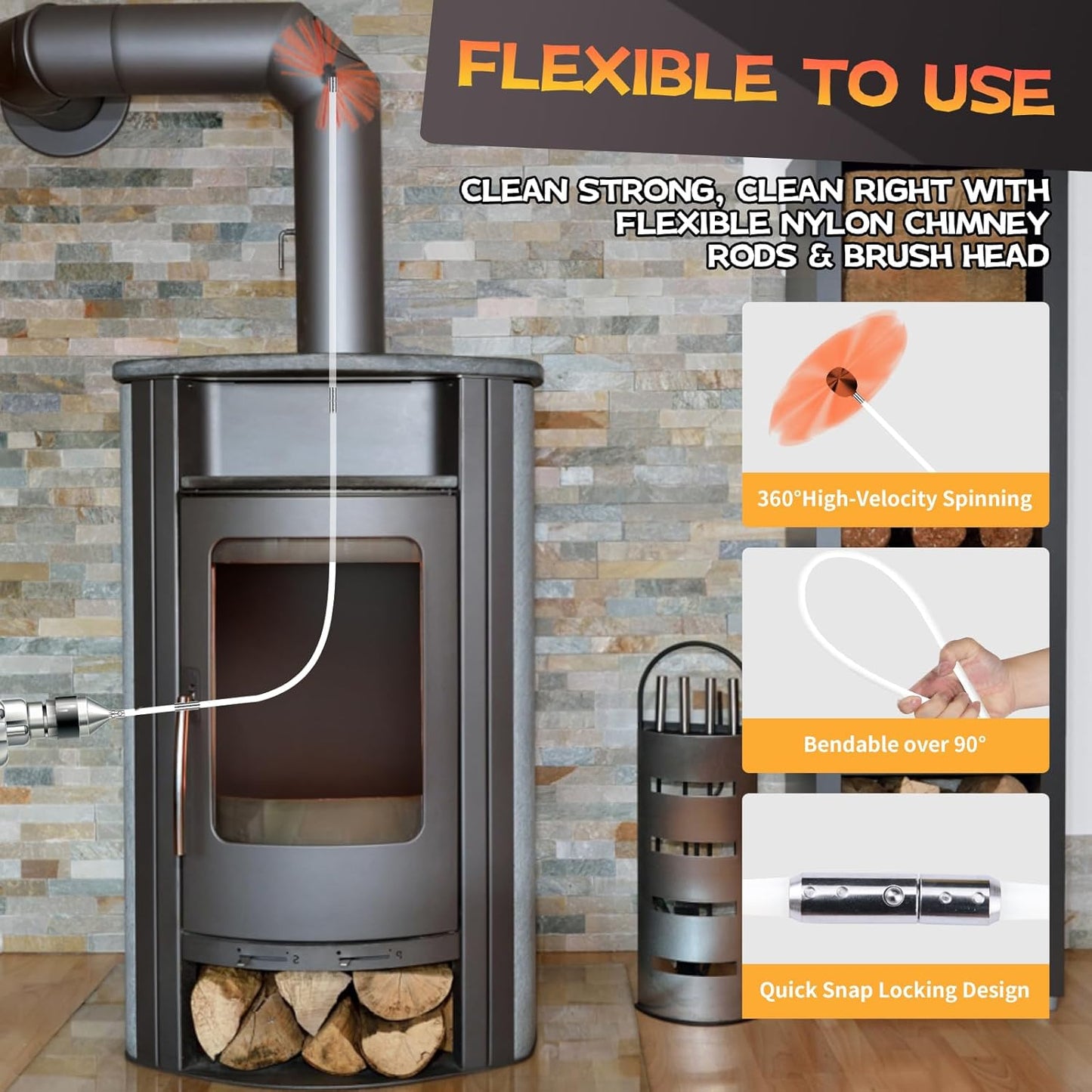 46 Feet Chimney Sweep Kit, Chimney Cleaning Kit with 14 Flexible White Chimney Rods, Chimney Brush for Sweeping Fireplace, Rotary Chimney Cleaning System Driven by Drill