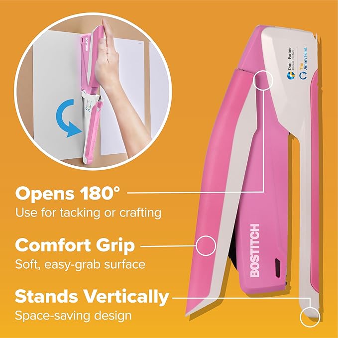 Bostitch Office InPower Spring-Powered Desktop Stapler, 20 Sheet Capacity, One Finger Stapling, Includes 210 Staples, Jam Free, Opens for Tacking, Breast Cancer Awareness Pink