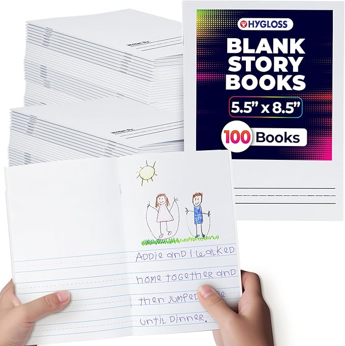 Hygloss Half Blank Books for Kids to Write Stories and Illustrate – Bulk 100 Pack – 5.5" x 8.5" A5 – Small Primary Journal for Grades K-2, Preschool/Kindergarten Notebook with Picture Space – 24 Pages