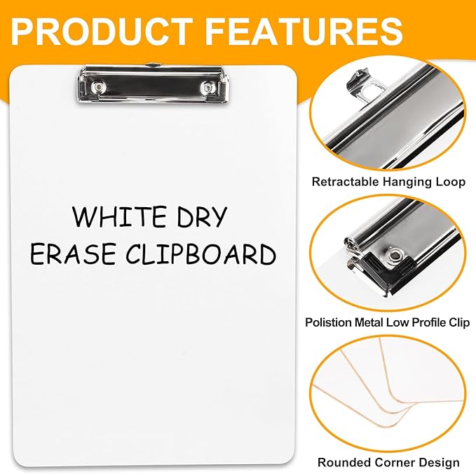 Dry Erase Wood Clipboard 20 Pack, Hardboard Clip Board 8.5x11 for Classroom, Students, Kid, Size 9" x 12.5", Double-Sided White Board, with Low Profile Clip, Office & School Supply