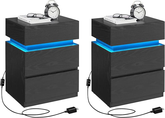 VASAGLE Nightstands with LED Lights, Set of 2, Adjustable Light Colors, Bedside Tables, Side Tables with 3 Drawers, Modern Style, 13.8 x 15.7 x 21.7 Inches, Ebony Black ULET799T58