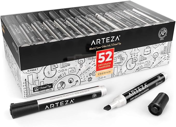 Arteza Black Dry Erase Markers, Bulk Pack of 52 Whiteboard Markers, Chisel Tip, Low-Odor Ink, Long-Lasting & Easy-to-Erase, Ideal for School, Office, Homeschooling and Teachers