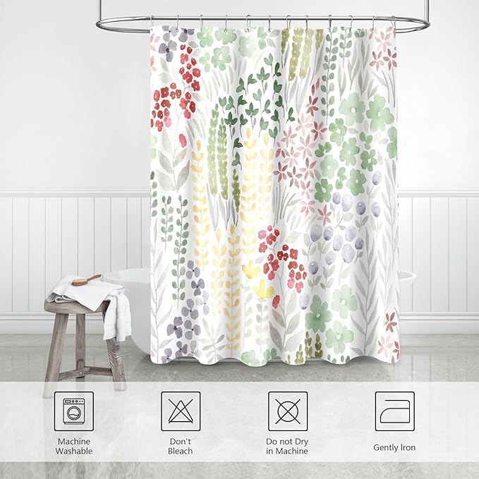 Cute Floral Shower Curtain 60x72, Sage Green Boho Flower Fabric Shower Curtain, Funky Watercolor Wildflower Shower Curtain Set, Cottagecore Bohemian Bathroom Decor