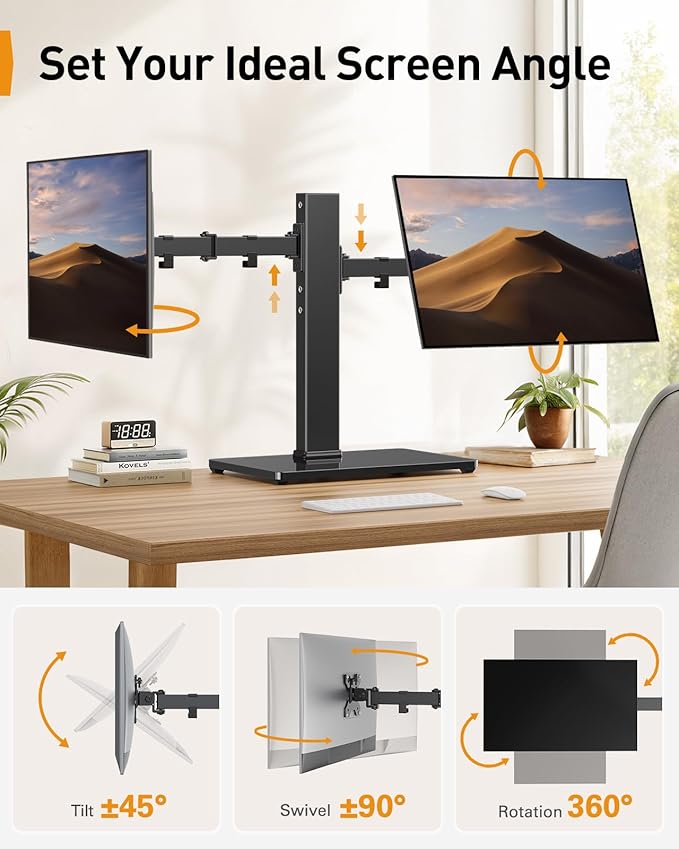 Perlegear Dual Monitor Stand with Power Strip, Freestanding Computer Monitor Stand for 2 Screens up to 32 Inch, Monitor Stand Riser with Glass Base and Adjustable Arms, Holds 22 lbs per Arm, PGTVS41B