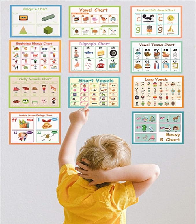 LUGMAZU 11Pcs/Set English Phonics Posters for Classroom, R Controlled Vowel Learning Wall Strip for Kids, Vowel Team Phonics Bulletin Board Set for School,Teacher Tool Supplies, 8.3''x11.7''
