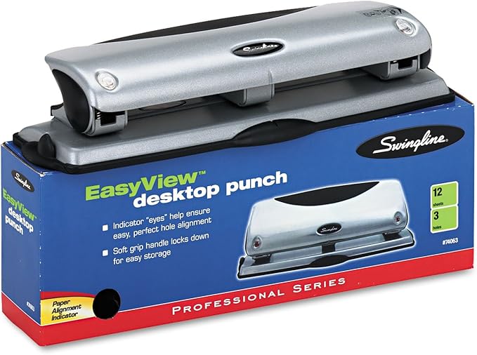 Swingline 3 Hole Punch, Desktop Hole Puncher, EasyView, 12 Sheet Punch Capacity, Silver/Black (74063)