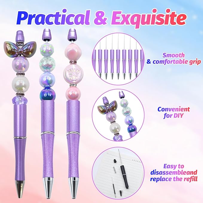 150 Pieces DIY Beadable Pen Kit – 50 Plastic Ballpoint Pens with Refills & Bags – School Supplies, Office Accessories & Decorative Items for Students & Teachers (Purple)