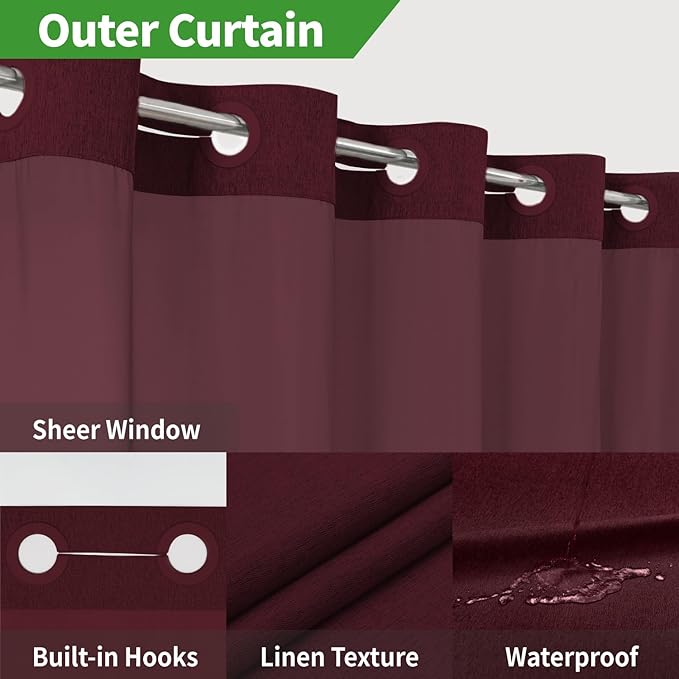 Long No Hooks Needed Linen Textured Shower Curtain with Snap-in Fabric Liner Set,Hotel Luxury Decor Shower Curtains for Bathroom,Waterproof & Washable,71Wx80H,Burgundy