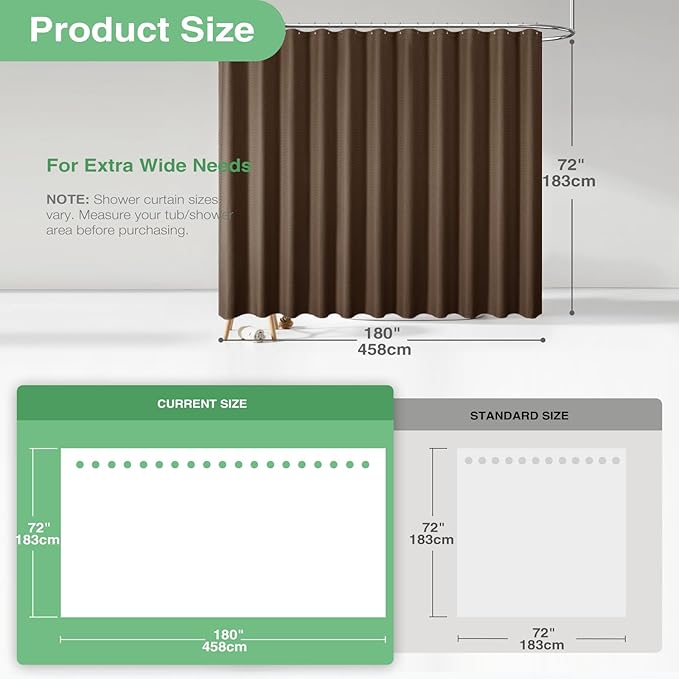 Dynamene Extra Wide Shower Curtain - 180 Inch Wide Waffle Weave Weighted Thick Cloth Bathroom Shower Curtain, Neutral Heavy Duty Hotel Bath Curtain Set with 32 Plastic Hooks, 180x72, Brown