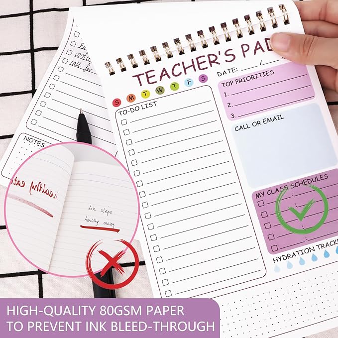 Teacher To Do List Notepad, 8.3x5.8 Inch Teacher Notepad, Spiral Checklist Notebook for Class Schedules, Daily Planner, School Tasks and Goal Setting (Purple)