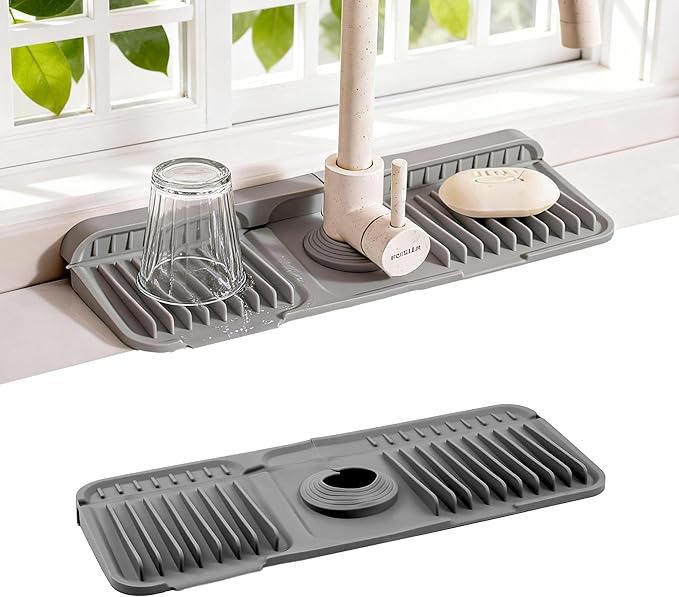 Faucet Mat for Kitchen Sink, 14"X5.5" Silicone Sink Splash Guard with Soap Holder, Snap-On Design & 7°slope Fast Drain, Folding Sink Faucet Mat for Universal Kitchen Bathroom Sink（Grey）