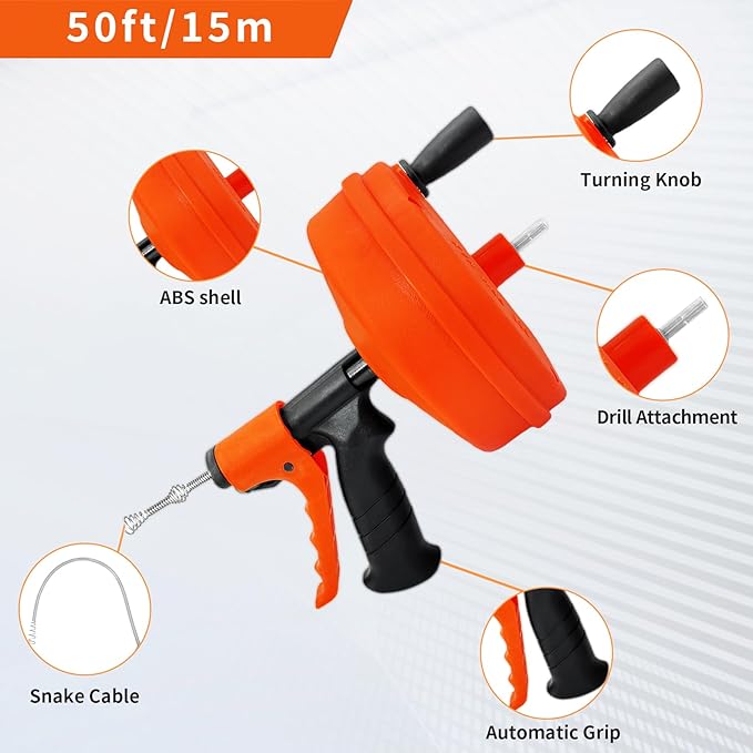 Drain Snake 50 FT, Auger Drain Snake Hair Drain Clog Remover, Plumbing Snake with Drill Attachment and Automatic Retractable Function, Manual or Powered Use for Kitchen, Sink, w/Gloves and Storage Bag