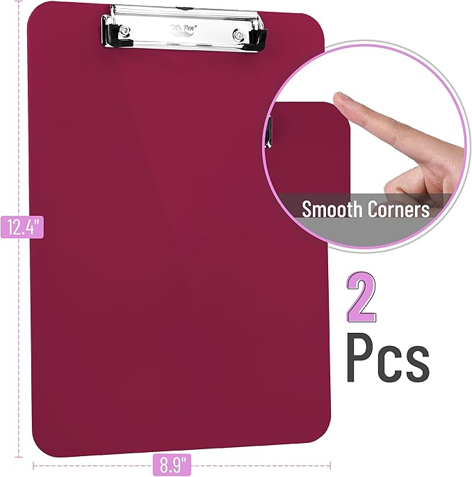 Mr. Pen- Plastic Clipboard, 12.5" x 9", 2 Pack, Clipboard Plastic, Low-Profile Metal Clip with Retractable Hanging Hole