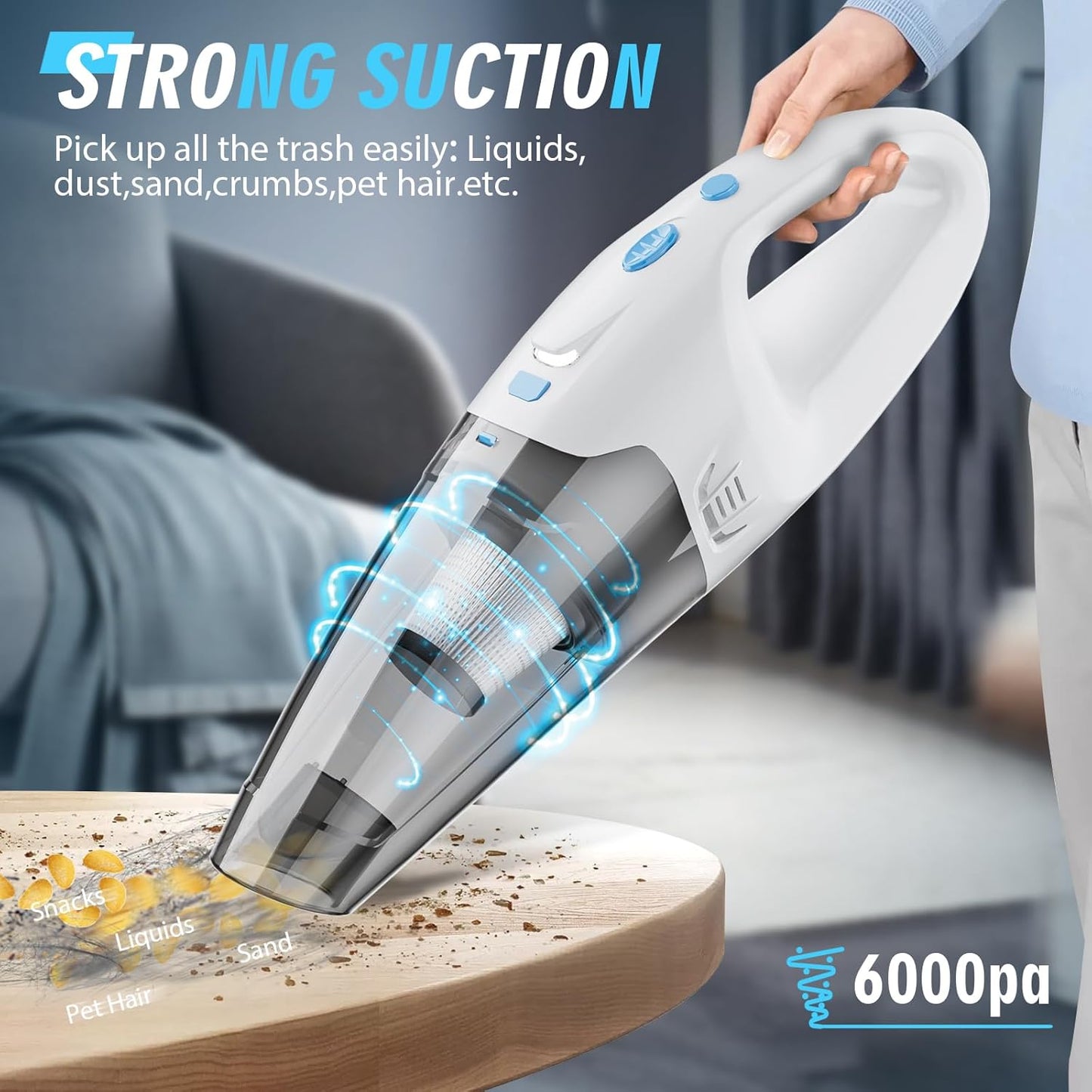 Handheld Vacuum Cordless,Car Hand Cordless Rechargeable,Powerful Suction Hand Held Vacuum with LED Light/Multi Accessories,1.6lbs Car Mini Portable Vacuum Cleaner for Home Office Pet
