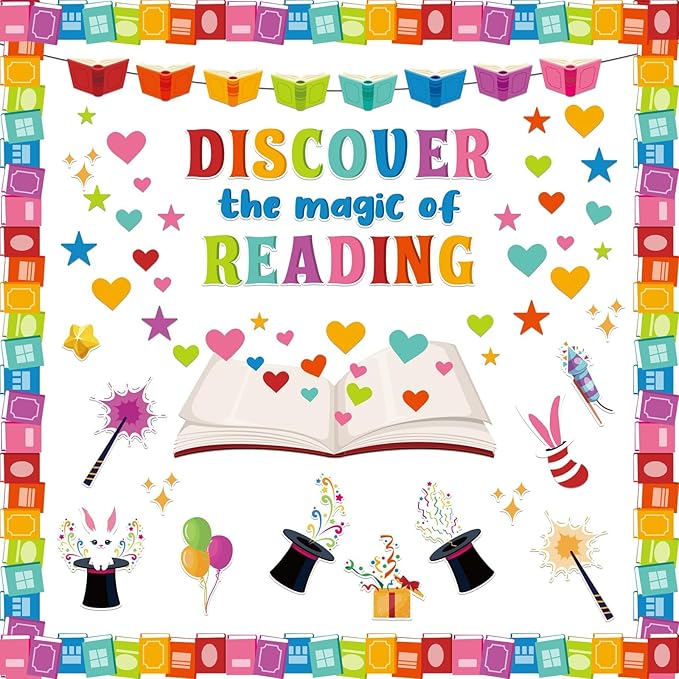 gisgfim Reading is Magic Bulletin Board Decorations Set Classroom Colorful Book Bulletin Board Motivational Reading Cutouts Bulletin Board Borders Decor for School Library Chalkboard Wall(Magic)