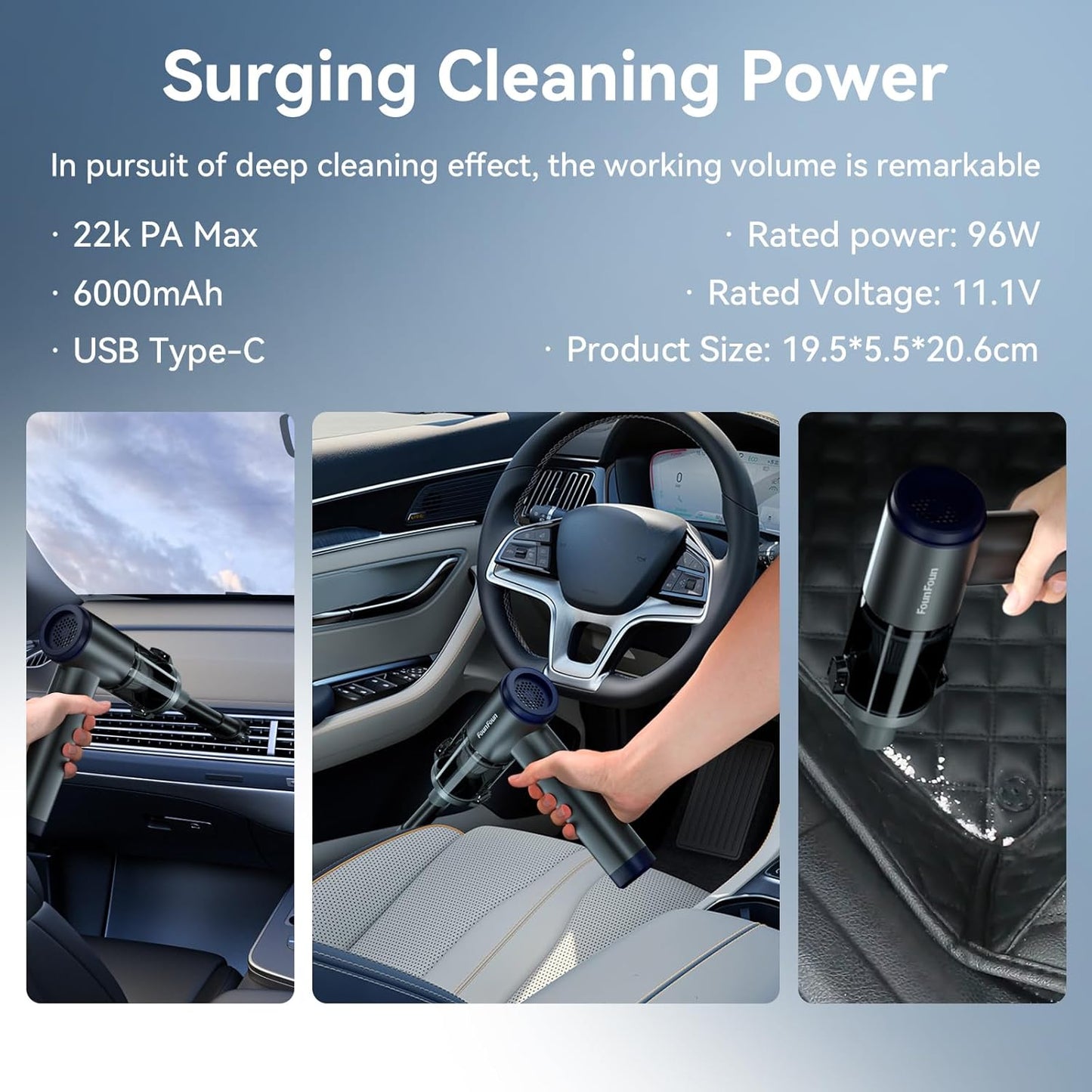 FOUNFOUN Handheld Vacuum Cordless, Portable Car Vacuum, High Power Cleaner for Pet Hair/Car/Home, Suction & Blow 2 in 1, 17-30 Min Run Time, Small Lightweight Gadget, Type-C Rechargeable