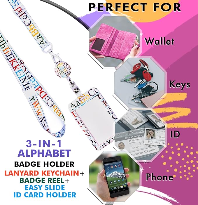 EASTEX Teacher Lanyard Keychain - ABC Alphabet Badge Lanyard for Keys Whistle - ID Card Holder Keychain - Math Periodic Table