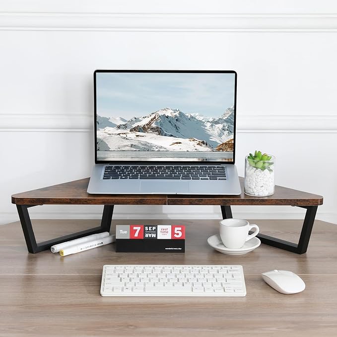 TEAMIX 26 inch Triangle Monitor Stand Riser, Desktop Corner Shelf with Metal Leg Wood Computer Stand with Storage Laptop Riser Office Organization