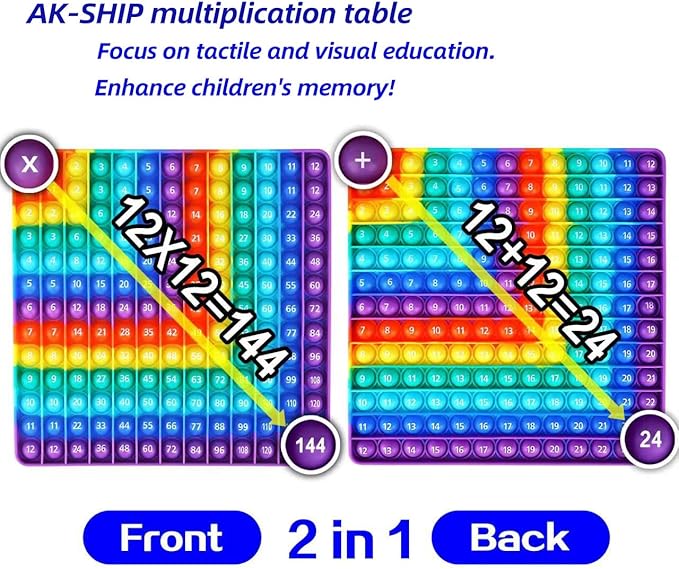 AK-SHIP Multiplication Game Table, 12 X 12 Multiplication Math Board Numbers Addition and Multiplication Table in one, Rainbow Dimple Fingertip Toys, Stress Relieving （1 Piece）