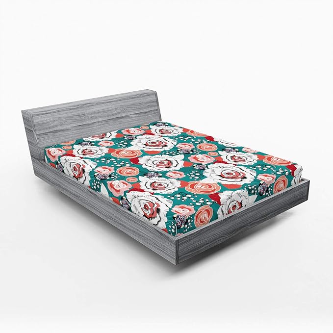 Ambesonne Floral 2 Pack Fitted Sheet, Colorful Flower Arrangements, Bed Cover All-Round Elastic Deep Pockets 2 Pieces, Package Contains 2 Queen Size Fitted Sheets, Dark Seafoam Multicolor