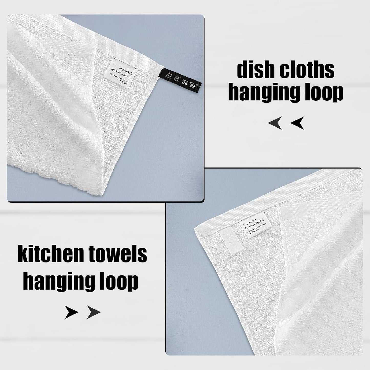 Fintale 100% Cotton Kitchen Towels and Dishcloths Set, 12 x 12 & 15 x 25 Inches, Set of 10 Bulk Super Soft and Absorbent Terry Cloth Dish Towels, Quick Drying Hand Towels with Hanging Loop, White