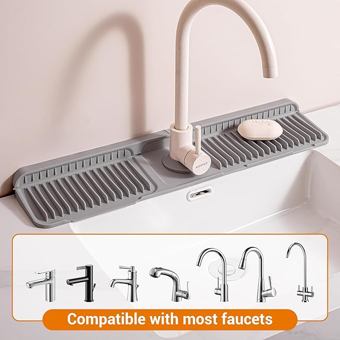Faucet Mat for Kitchen Sink, 24"X5.5" Silicone Sink Splash Guard with Soap Holder, Snap-On Design & 7°slope Fast Drain, Folding Sink Faucet Mat for Universal Kitchen Bathroom Sink（Grey）