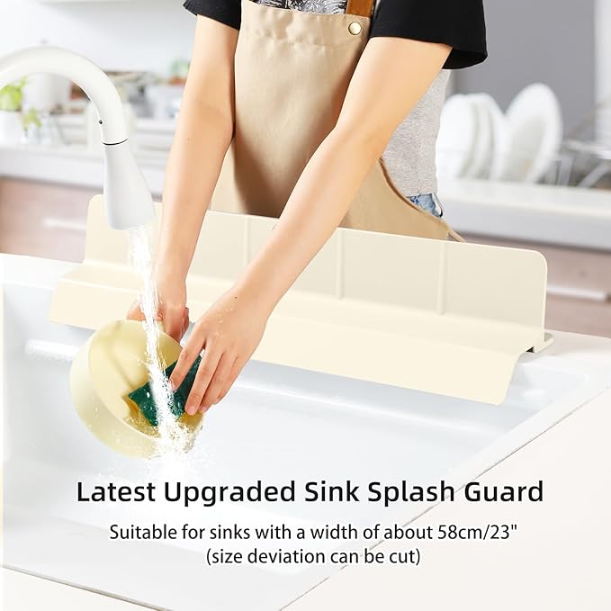 23" Ultra Silicone Sink Splash Guard Released in 2025/Dec,Self-Draining Water Splash Guard for Kitchen Sink,Bathroom and Island,with 3.5" High Splash Guard & 7 Strong Suction Cup (Beige)