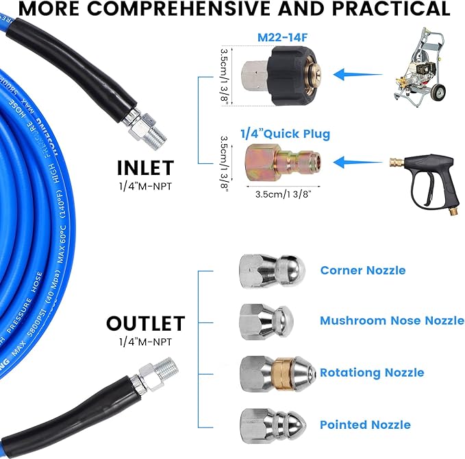 100FT Pressure Washer Sewer Jetter Kit, 5800 PSI Water Jet Drain Cleaner Hose with Corner Rotating Button Nose Nozzle, 1/4 Inch NPT, Kit Includes Sewer Jetting Nozzles and Spanner Handle Strap