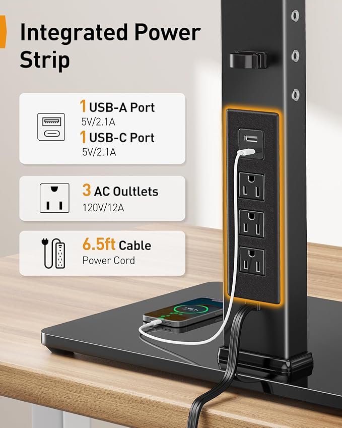 Perlegear Dual Monitor Stand with Power Strip, Freestanding Computer Monitor Stand for 2 Screens up to 32 Inch, Monitor Stand Riser with Glass Base and Adjustable Arms, Holds 22 lbs per Arm, PGTVS41B