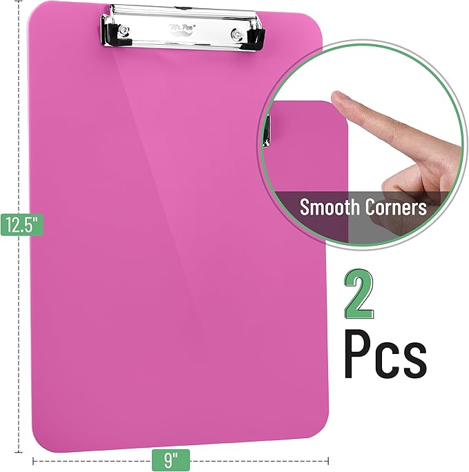 Mr. Pen- Plastic Clipboard, 12.5" x 9", 2 Pack, Hot Pink Clipboard Plastic, Low-Profile Metal Clip with Retractable Hanging Hole