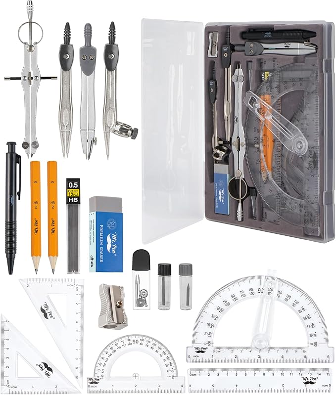 Mr. Pen Geometry Set with 6 Inch Swing Arm Protractor, Divider, Set Squares, Ruler, Compasses and Protractor, 15 Piece Set
