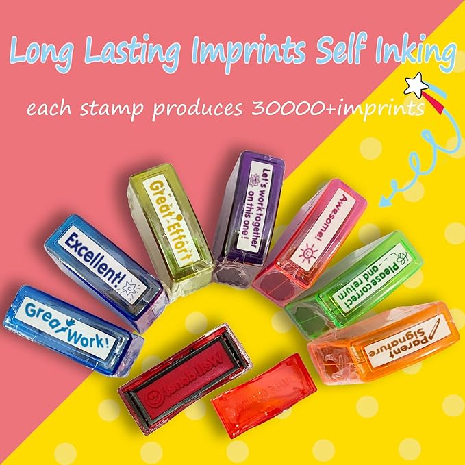 Teacher Stamps for Grading Classroom,Parent Signature Self-Inking Teacher Stamp Set School Supplies Stamps for Homework Reward with 8 pcs Classroom Supplies for School Elementary(Rainbow)