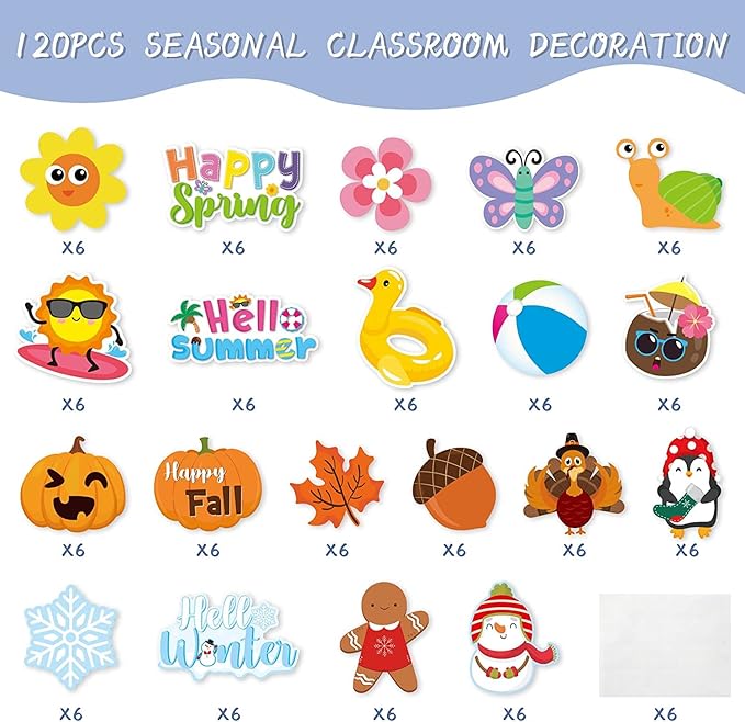 Haooryx Spring Summer Fall Winter Classroom Cutouts Bulletin Board Set - 120Pcs Seasonal Classroom Decoration Paper Cut-Outs Blackboard Border Trim for School Classroom Whiteboard Window Wall Decor