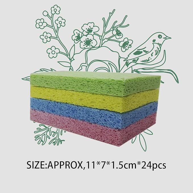 Cellulose Sponges Kitchen, for Washing Dishes, in Bulk, 24 Pack (3 Count x 8 Individually Wrapped + 2 Free Scouring Pads), 100% Natural Biodegradable