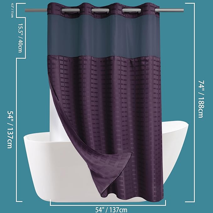 Conbo Mio Stall No Hook Shower Curtain with Snap in Liner Set, Hotel Luxury Purple Shower Curtains for Bathroom with See Through Top Window, Waterproof, Washable 54W x 74H