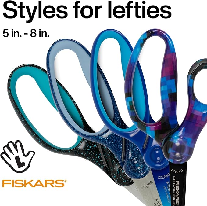 Fiskars 5" Softgrip Left-Handed Pointed-Tip Scissors for Kids Ages 4-7, Left-Handed Scissors for School or Crafting, Back to School Supplies, Blue Lightning