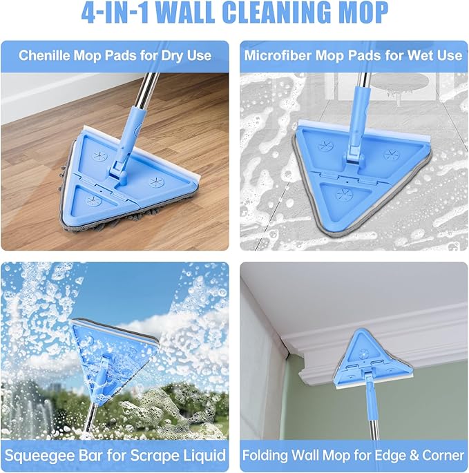 Wall Cleaner Mop with Long Handle 86 Inches, 4-in-1 Ceiling Cleaning Tool Duster with 8 Replacement Microfiber Chenille Pads for Walls, Baseboard, Ceiling, Window, Floor, Cabinet (Light Blue)