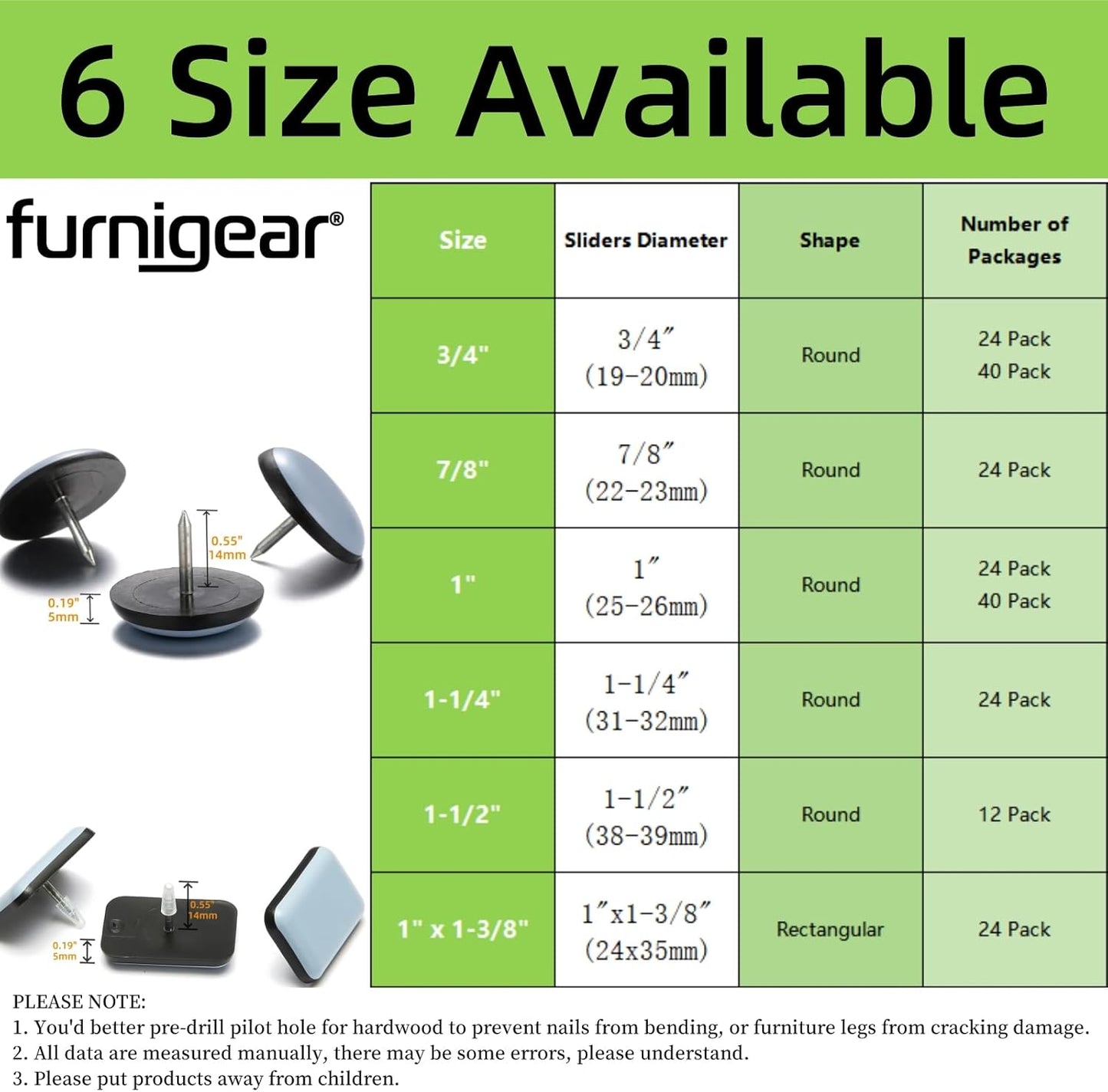 Furniture Sliders-Furnigear (Teflon) Nail in Chair Glides for Carpet and Hardwood Floor - Move Your Furniture Easily & Safely - Best Floor Protector (1x1-3/8-24 Pack)
