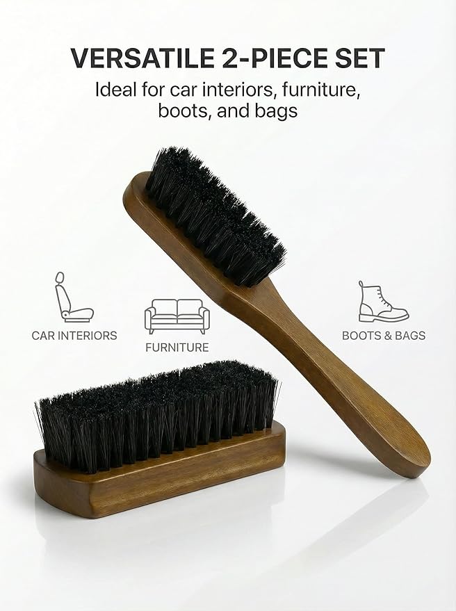 TAKAVU Leather & Upholstery Cleaning Brush Set, 100% Black Boar Bristle, to Clean Car Seats & Leather Sofas, for Alcantara, Interiors, Furniture, Boots, Shoes, Bags and More