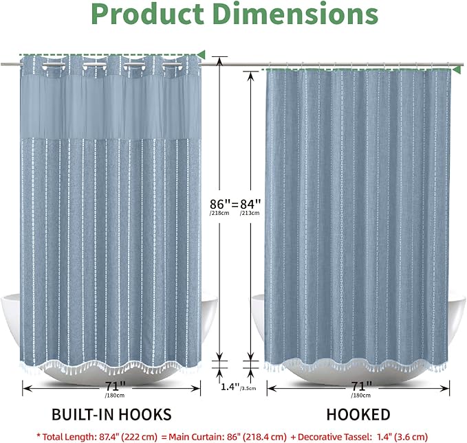 No Hook Extra Long Shower Curtain Set with Snap-in Liner,Linen Textured Thick Striped Fabric with Tassels,Boho Chic Modern Farmhouse Bathroom Curtain,Water-Repellent,Blue,71x86